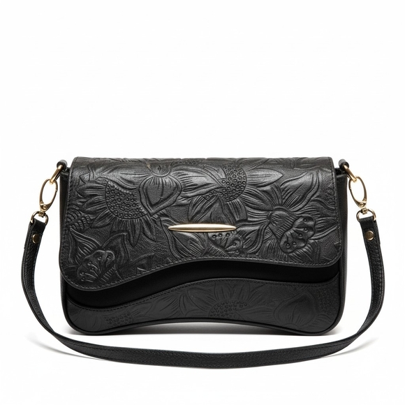 Handmade Handbags - 2 Straps Set Black Embossed Tooled Artisan LEATHER Shoulder Bag Crossbody Purse